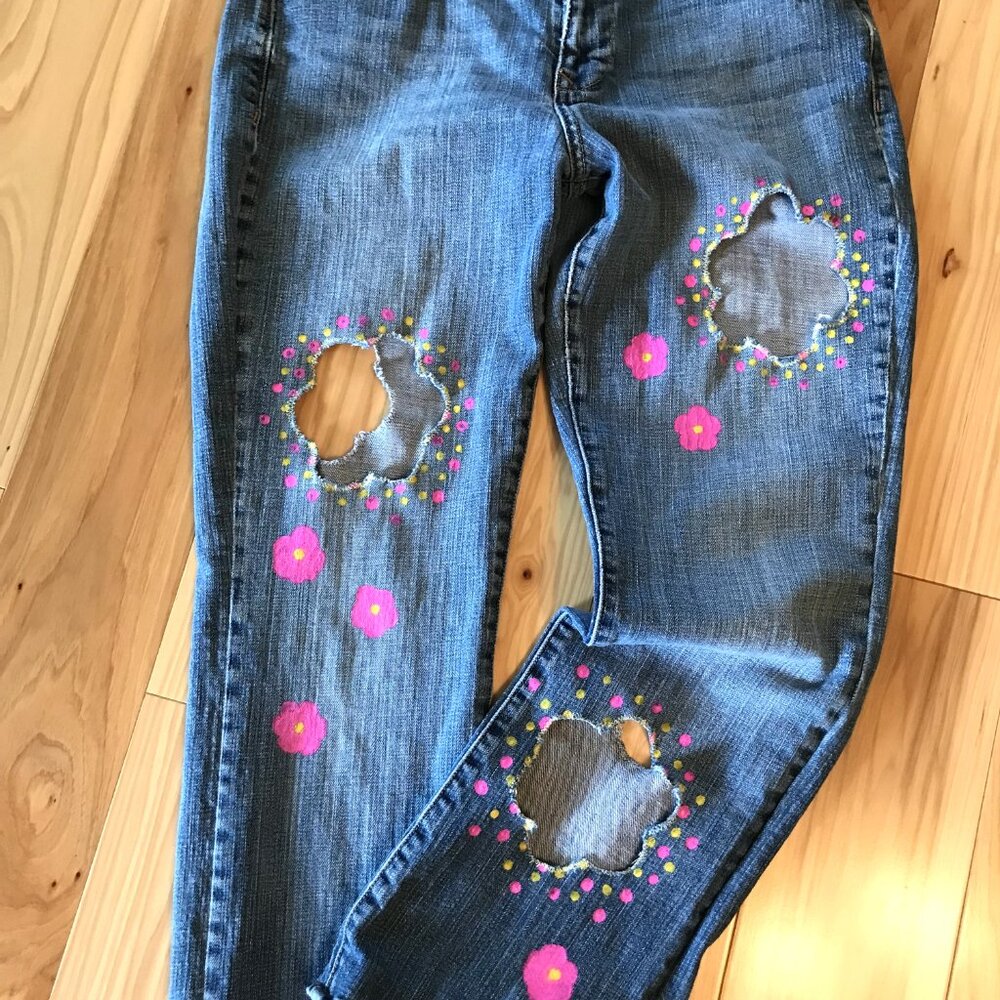 Upcycled Flower Cut-Out Jeans, Holey Distressed Funky Pants 10 Short - Picture 10 of 15